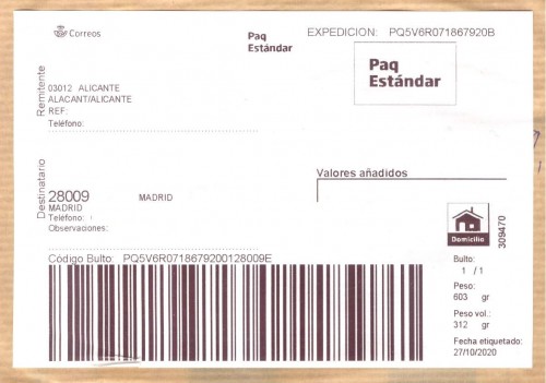 Etiqueta Grande. Nuevo Correos. Paq Estándar. No indica (Tiana, sin precisar). 257618. Domicilio. Sin franqueo. 10x14,8. 2020-10-21. Baja.jpg
