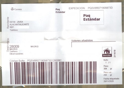 Etiqueta Grande. Nuevo Correos. Paq Estándar. No indica (Jávea, sin precisar). 311618. Domicilio. Sin franqueo. 10x14,7. 2020-11-20. Baja.jpg