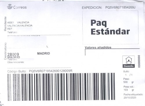 Etiqueta Grande. Nuevo Correos. Paq Estándar. No indica (Valencia, sin precisar). 00000000. Domicilio. Sin franqueo. 10,6x14,4. 2020-10-20. Baja.jpg