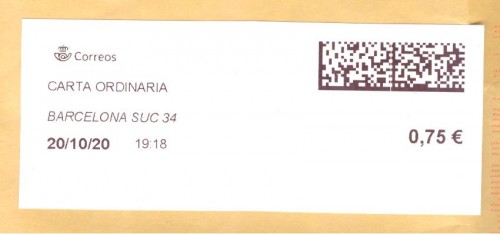 Etiqueta térmica digital. Nuevo Correos. Barcelona Suc 34. Carta ordinaria. 2020-10-20. 19.18. 4,1x10. 0,75 euros.jpg