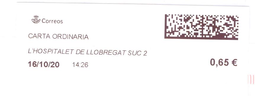 Etiqueta térmica digital. Nuevo Correos. L'Hospitalet de Llobregat Suc 2. Carta ordinaria. 2020-10-18. 14.26. 4,1x10. 0,65 euros.jpg