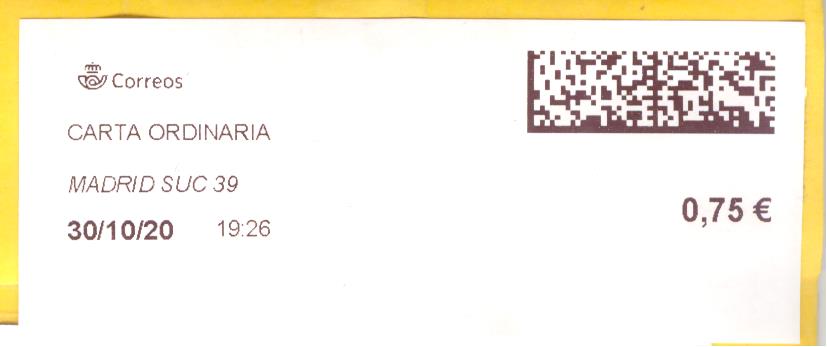 Etiqueta térmica digital. Nuevo Correos. Madrid Suc 39. Carta ordinaria. 2020-10-30. 19.26. 4,1x10. 0,75 euros.jpg