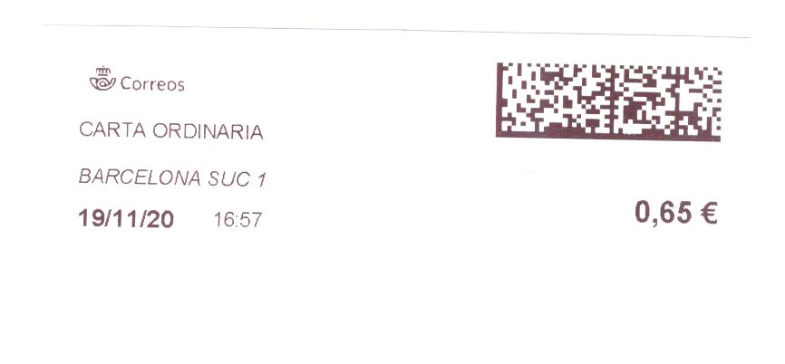 Etiqueta térmica digital. Nuevo Correos. Barcelona Suc 1. Carta ordinaria. 2020-11-19. 16.57. 4x10. 0,65 euros.jpg