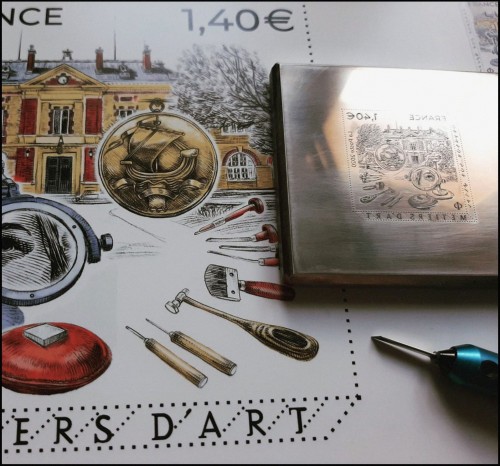 Una de las placas originales grabadas a buril por Elsa Catelin para este sello de la serie Métiers d'art
