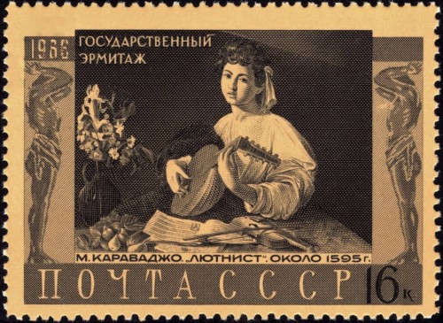Unión Soviética, 1966, Museo del Hermitage de San Petersburgo. Caravaggio, “Joven tocando el laúd”. Sello diseñado por Roman Zhitkov y grabado por Vladimir Smirnov; impresión en calcografía. Imagen del sello procedente de la página engravedstamps.net