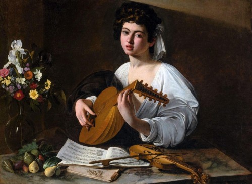Caravaggio, “Joven tocando el laúd” (1595); óleo sobre lienzo, 119 x 94 cm. Versión del Museo del Hermitage, San Petersburgo