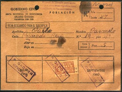 5 ptas. Plato Único J.P.B. Valencia del Cid. Ficha resguardo.