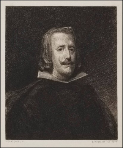 Grabado al aguafuerte de Felipe IV realizado por Bartolomé Maura en 1875, partiendo del retrato de Velázquez conservado en la National Gallery de Londres; 47 x 32.1 cm