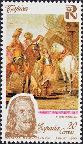 España, 1990, Patrimonio Artístico Nacional. Tapiz de Soldados Flamencos. Antonino Sánchez grabó a buril el pequeño retrato de Felipe IV. Impresión combinada en calcografía y offset