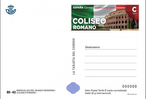 2021-01-21. Maravillas del Mundo Moderno. Coliseo Romano. Tarjeta prefranqueada. Boceto. Anverso. Baja.jpg