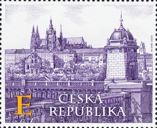 República Checa, 2020, Vista del Castillo de Praga desde el Teatro Nacional. Sello diseñado y grabado por Martin Srb. Impresión mixta en offset (sólo interior de letra &quot;E&quot;) y calcografía