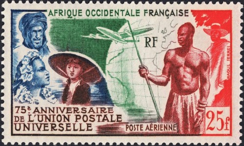 Sello colonial francés diseñado y grabado por Raoul Serres en 1949 (75 aniversario de la Unión Postal Universal), emitido por varias dependencias y en diferentes modos calcográficos. Este en concreto del África Occidental Francesa, fue impreso en calcografía a tres colores por la prensa TD-3, consiguiendo los tonos marrones mediante las superposiciones del azul marino y el verde oscuro con el rojo