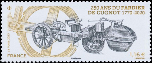 Francia, 2020, Nicolas-Joseph Cugnot y su vehículo de vapor. Sello diseñado y grabado por Sarah Lazarevic; impresión en calcografía. Imagen procedente de wikitimbres.fr