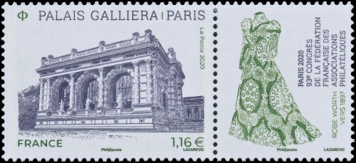 Francia, 2020, Palais Galliera de París. Sello y etiqueta anexa diseñados y grabados por Sarah Lazarevic; impresión en calcografía. Imagen procedente de wikitimbres.fr
