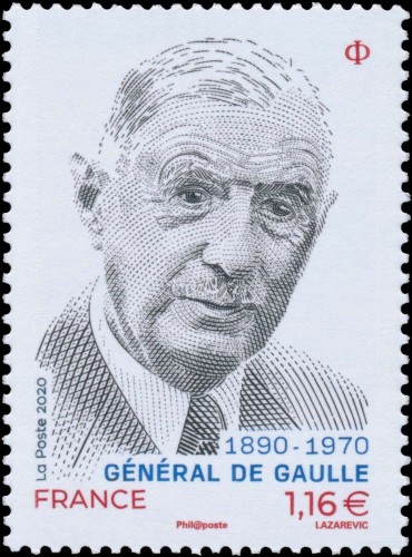 Francia, 2020, General De Gaulle. Sello diseñado y grabado por Sarah Lazarevic; impresión en calcografía. Imagen procedente de wikitimbres.fr