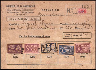 Ficha resguardo del segundo semestre de 1939 con diferentes viñetas de Plato Único y Día sin Postre de diferentes valores.