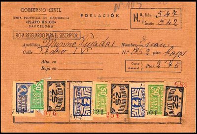Ficha resguardo del Plato Único de 1940 con diferentes viñetas. Anverso.
