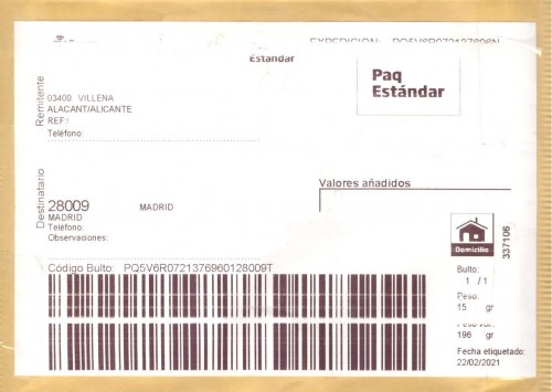 Etiqueta Grande. Nuevo Correos. Paq Estándar. No indica (Villena, sin precisar). 337106. Domicilio. Sin franqueo. 10x14,8. 2021-02-22. Baja.jpg