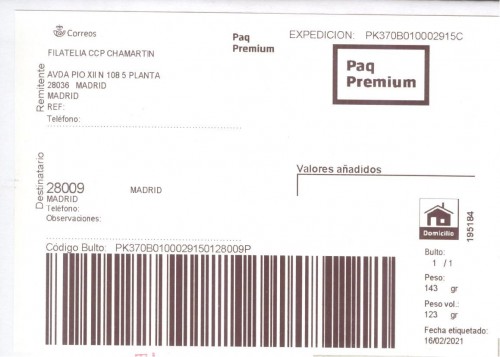 Etiqueta Grande. Nuevo Correos. Paq Premium. No indica (CCP Chamartín, Suc 61, sin precisar). 195184. Domicilio. Sin franqueo. 10x14,4. 2021-02-18. Baja.jpg