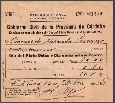 Nº de la numeración en arial. Serie &quot;I&quot;. Última cifra del año omitida. Día del Plato Único y Día semanal sin Postre en negrita.