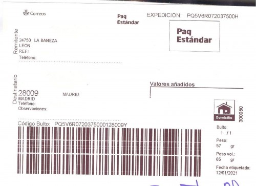 Etiqueta Grande. Nuevo Correos. Paq Estándar. No indica (La Bañeza, sin precisar). 300050. Domicilio. Sin franqueo. 10x14,7. 2021-01-12. Baja.jpg