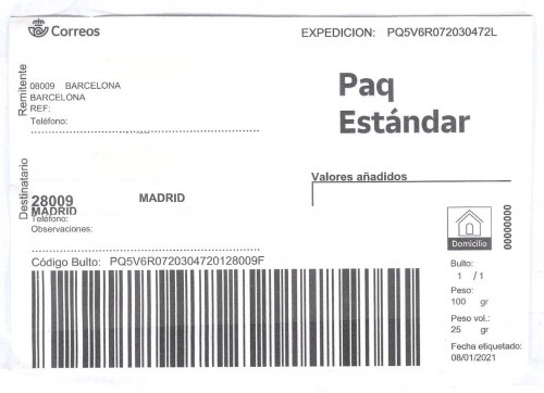 Etiqueta Grande. Nuevo Correos. Paq Estándar. No indica (Barcelona, sin precisar). 00000000. Domicilio. Sin franqueo. 9,8x14,5. 2021-01-08. Baja.jpg