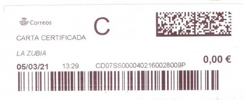 Etiqueta térmica digital. Nuevo Correos. La Zubia. Carta certificada. 2021-03-05. 13.29. 4,1x10. 0,00 euros. Baja.jpg