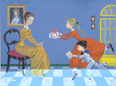 Alexandre Siches (Barcelona, 1927) Día de la madre. Serie interiores' Gouache sobre papel. Firmado. Al dorso titulado y fechado 15,3 x 20 cm..jpg