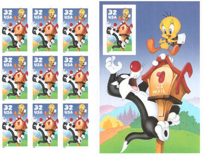 USA Stamps 1998 Tweety, Mailbox & Letter, Sylvester Cat.jpg