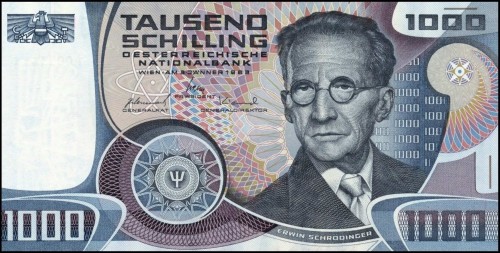 Billete austríaco de 1983 con el retrato de Erwin Schrödinger que Alfred Nefe grabó unos años antes, tras el diseño de Robert Kalina, que a su vez utilizó un dibujo del artista Adalbert Pilch