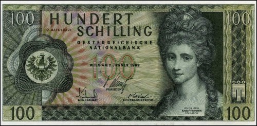 El retrato de Angelika Kauffmann es uno de los grandes grabados de Alfred Nefe en billetes de Austria, previo diseño de Roman Hellmann