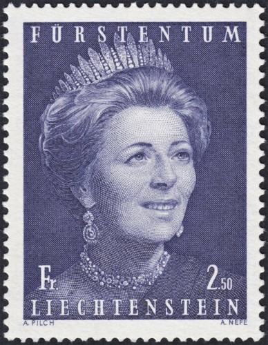 Liechtenstein, 1971, Princesa consorte Georgina. Sello diseñado por Adalbert Pilch y grabado por Alfred Nefe; impresión en calcografía
