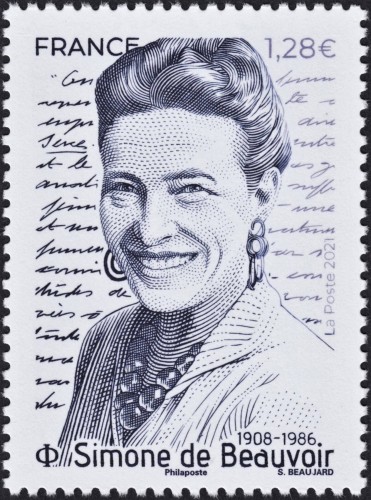 Francia, 2021, Simone de Beauvoir. Sello diseñado y grabado por Sophie Beaujard; impresión en calcografía