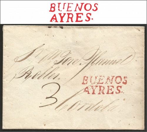 Sobre dirigido a Córdoba desde Buenos Aires con marca V. K. n° 8 (rojo) 1780/1845. Con tasa 3 aplicada a pluma.