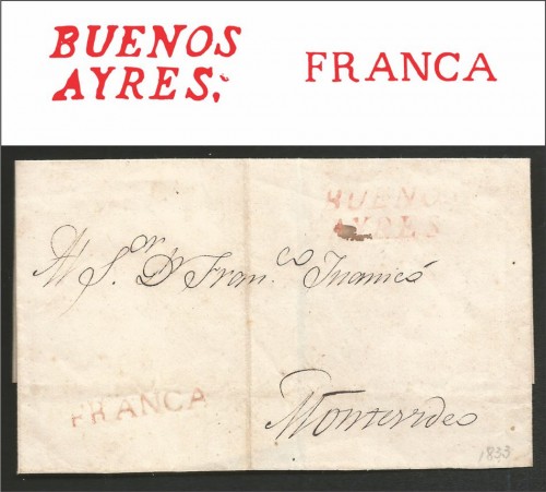 Frente dirigido a Montevideo (año 1833) desde Buenos Aires con marcas V. K. n° 5 y 11 (rojo) 1780/1845.