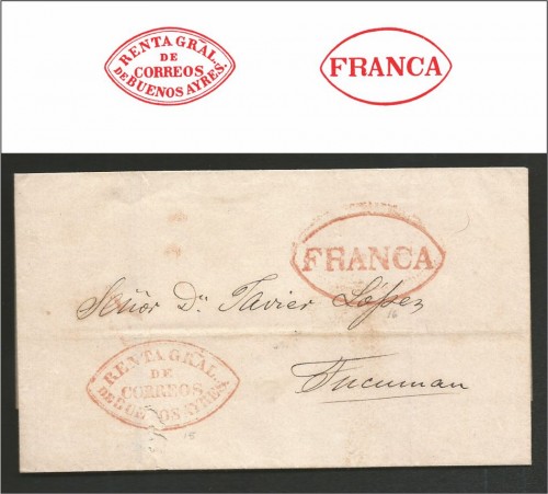 Cubierta dirigida a Tucumán, con marcas V. K. n° 15 y 16 (rojo) 1845/1853.