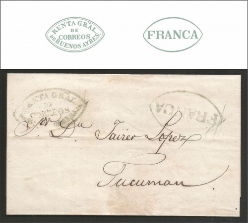 Cubierta dirigida a Tucumán, con marcas V. K. n° 15 y 16 (verde grisáceo) 1856/1858.