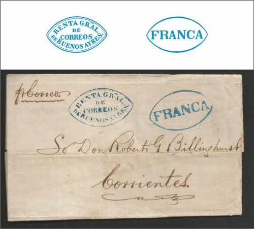 Carta fraccionada con fecha 19 de Mayo de 1854 dirigida a Corrientes, con marcas V. K. n° 15 y 16 (azul) 1853/1856.