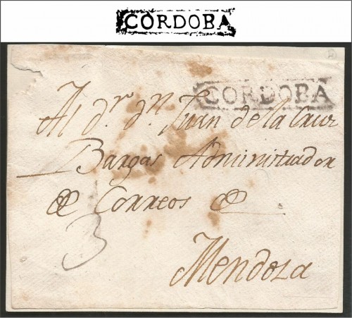 Frente dirigido a Mendoza, circa 1816 con marca V. K. n°1 1770/1851 en negro, con valor de porteo 3 escrito a pluma. Dirigida a Juan de la Cruz Vargas.