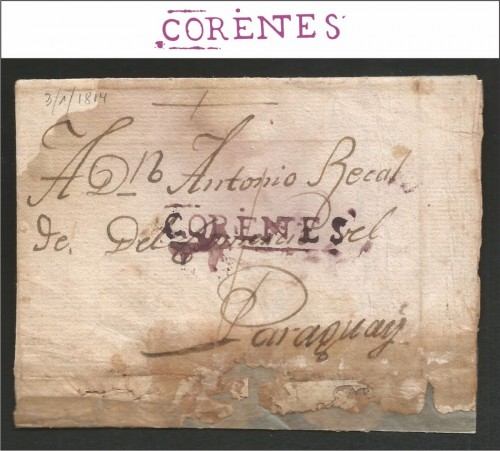 Carta parcial dirigida a Asunción del Paraguay, con fecha 3 de enero 1814 con marca V. K. n°1 1786/1814 en castaño lila rojizo, con valor de porteo 1 escrito a pluma.