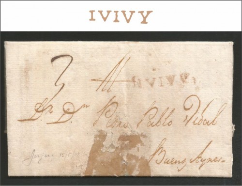 Carta completa dirigida a Buenos Aires, con fecha 15 de mayo de 1811, con marca V. K. n°1 1770/1812 en rojo herrumbre, con valor de porteo 3 escrito a pluma. Dirigida a Pedro Pablo Vidal.