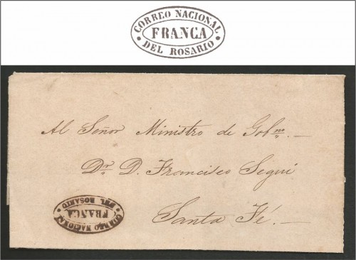 Frente circulado a Santa Fé con marca V. K. n° 5 (negro amarronado) 1855/61. Dirigido a Francisco Seguí.