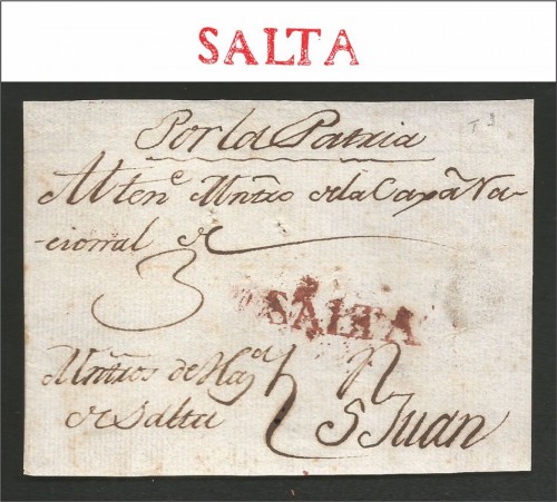Frente circulado a San Juan, circa 1818-1821, con marca V. K. n° 3 (rojo) 1813/49. Con tasa 3 aplicada a pluma. Dirigida a La Caja Nacional de Fondos de Sud América, primer banco argentino.
