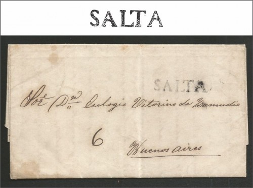 Carta completa enviada a Buenos Aires con fecha 27 de mayo de 1850 con marca V. K. n° 3 (negro) 1850/54. Con tasa 6 aplicada a pluma.