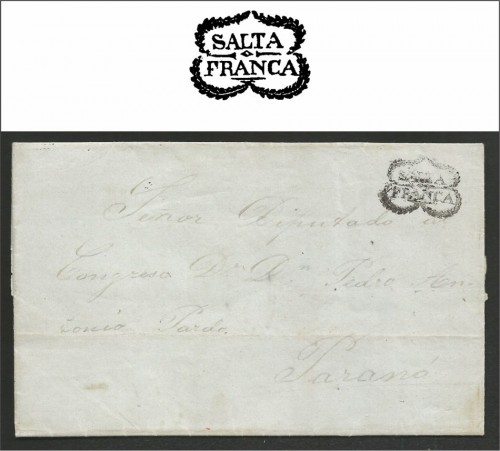 Carta completa circulada a Paraná con fecha 14 de mayo de 1858 con marca V. K. n° 9 (negro) 1856/61. Enviada a Pedro Pardo, diputado en el Congreso de Paraná, durante la existencia de la Confederación Argentina.