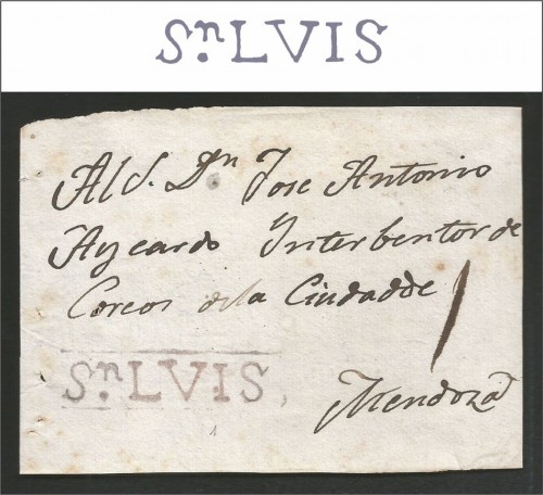 Frente de carta con marca V. K. n° 1 (lila gris) 1776/1829, sin fecha. Con tasa 1 impuesta a pluma.