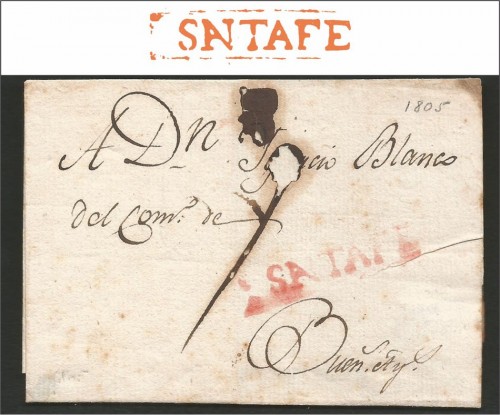 Cubierta dirigida a Buenos Aires, durante el período republicano, con marca V. K. n° 1 (rojo claro) 1800/29.