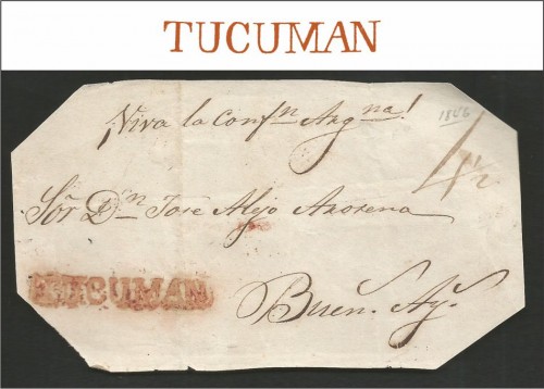 Frente dirigido a Buenos Aires desde Tucumán con marca V. K. n° 3 (rojo herrumbre) 1814/50. Con tasa 4 y ½ aplicada a pluma.