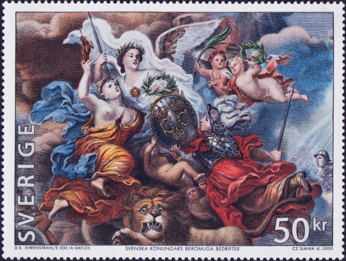 Suecia, 2000, David Klöcker Ehrenstrahl; fragmento de su pintura &quot;Alegoría de las gloriosas gestas de los reyes suecos&quot;. Sello grabado por Czeslaw Slania y emitido por Suecia en una hojita; impresión mixta en calcografía y offset