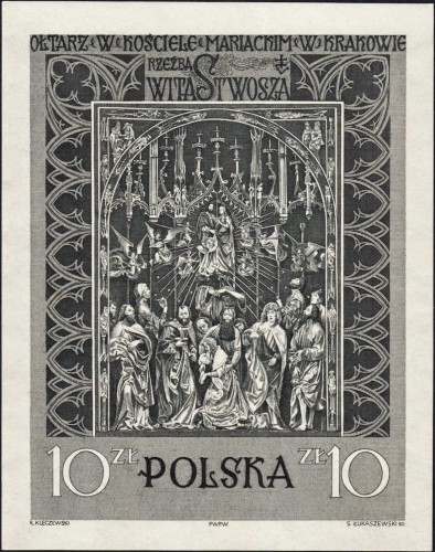 Polonia, 1960, Retablo de Veit Stoss, Basílica de Santa María en Cracovia; Asunción de la Virgen. Sello diseñado por Ryszard Kleczewski y grabado por Stefan Łukaszewski. Impresión en calcografía